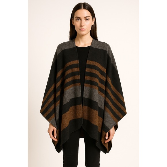 Zara Sweaters - ZARA Accessories Women's Oversized Striped Poncho Wrap Cape Black Grey Brown‎ M